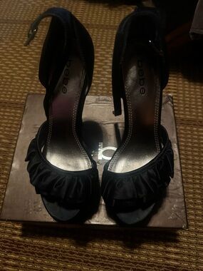 bebe Black Ruffle Open-Toe Stiletto Sandals